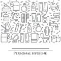 Personal hygiene line banner. Set of elements of shower, soap, bathroom, toilet, toothbrush and other cleaning pictograms. Concept