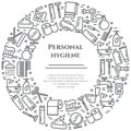 Personal hygiene line banner. Set of elements of shower, soap, bathroom, toilet, toothbrush and other cleaning pictograms. Concept Royalty Free Stock Photo