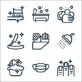 personal hygiene line icons. linear set. quality vector line set such as nails, face mask, washing clothes, shower, gloves, razor