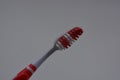 Personal hygiene products, a new plastic toothbrush with red and white bristles, with red rubber inserts and toothpaste Royalty Free Stock Photo