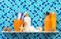 Personal hygiene products on the shelf in bathroom Royalty Free Stock Photo