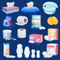 Personal hygiene supplies. Vector hygienic supplements illustration. Womens cleansing products. Kids care sanitary icons