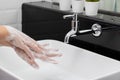 Personal hygiene. washing hands, rubbing hand thoroughly with soap that has a lot of bubbles for cleaning and disinfection