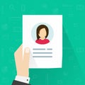 Personal info data icon vector illustration isolated, flat cartoon of user or profile card details in reviewer hand Royalty Free Stock Photo
