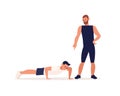 Personal male coach and client guy at training vector flat illustration. Man performing push ups or physical exercise