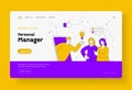 Personal manager in online application home page banner. Male character in smartphone offer idea of solving business Royalty Free Stock Photo