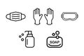 Personal protection equipment icons - medical mask, latex gloves, soap, dispenser, protective glasses. Coronavirus, covid 19 Royalty Free Stock Photo