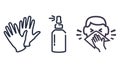 Personal protection equipment icons - medical mask, latex gloves, soap, dispenser, protective glasses. Coronavirus