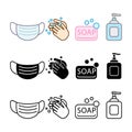 Personal protection equipment set icons - medical mask, hand washing, soap, dispenser. Coronavirus, covid 19 prevention Royalty Free Stock Photo