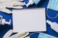 Personal protective equipment and blank notepad on a blue background, top view. Medical background