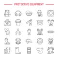 Personal protective equipment line icons. Gas mask, ring buoy, respirator, bump cap, ear plugs and safety work garment Royalty Free Stock Photo