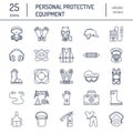 Personal protective equipment line icons. Gas mask, ring buoy, respirator, bump cap, ear plugs and safety work garment Royalty Free Stock Photo