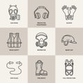 Personal protective equipment line icons. Gas mask, ring buoy, respirator, bump cap, ear plugs and safety work garment