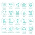 Personal protective equipment line icons. Gas mask, ring buoy, respirator, bump cap, ear plugs and safety work garment Royalty Free Stock Photo