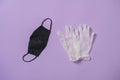 a personal protective equipment, mask and gloves flat lay isolated, covid-19 epidemiology concept