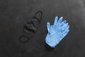 a personal protective equipment, mask and gloves flat lay isolated, covid-19 epidemiology concept