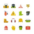 Personal protective equipment for safety and security work flat vector icons
