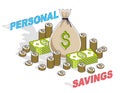 Personal Savings concept, Money Bag with dollar stacks and coins Royalty Free Stock Photo