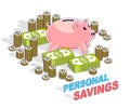 Personal Savings concept, Piggy Bank with dollar stacks and cent coins piles isolated on white background. Isometric vector Royalty Free Stock Photo