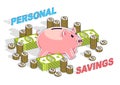 Personal Savings concept, Piggy Bank with dollar stacks and cent coins piles isolated on white background. Isometric vector