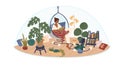 Personal space concept flat vector illustration. Selftime. Girl sitting in comfortable hanging chair, covered in blanket