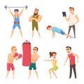 Personal trainer in gym. Vector set characters