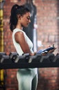 Personal trainer, gym or woman writing dumbbells or checking weights info for inspection checklist. Fitness business Royalty Free Stock Photo