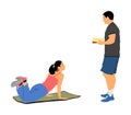 Personal trainer motivates young woman illustration. Fit lady exercise with professional help. Losing weight advice