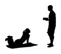 Personal trainer motivates young woman silhouette. Fit lady exercise with professional help. Losing weight advice coach.