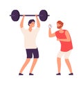 Personal training. Fitness male coach and bodybuilder. Cartoon training or workout vector concept