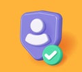 Personal user data protect 3d icon vector graphic, person safety secure check shield check mark render cartoon illustration, cyber