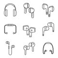 Personal wireless earbuds icons set, outline style