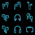 Personal wireless earbuds icons set vector neon