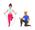 Personal workout exercises with jumping rope. Sport exercises with gym coach. Woman in training clothes with sports