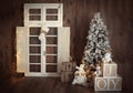 Personalized Christmas decoration with big white door, pine tree, snowmen for studio photography