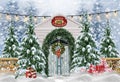 Personalized Christmas decoration with house, pine trees, fence, garlands, lights, and snow for studio photography