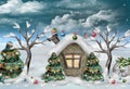 Personalized Christmas decoration with house, pine trees, lights and snow for studio photography