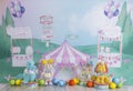 Personalized circus decoration with clowns, colorful ice creams for first birthday