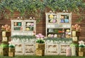 Personalized Easter decor, with cabinets, colorful Easter eggs, and colorful spring flowers, for photos in a photo studio