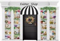Personalized Easter shop decoration with rabbits and colorful spring flowers for studio photography