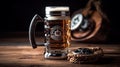 Personalized Fathers Day Beer Mug on Dark Wood with Beer Bottles and Opener Royalty Free Stock Photo