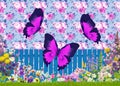 Personalized garden decoration with butterflies flowers, fence for photos in photo studio