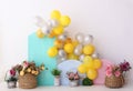 Personalized romantic decoration with colorful spring house and vases for first birthday