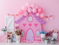 Personalized romantic decoration of cute little house with natural colored flowers for photography in photo studio