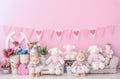 Personalized romantic decoration with dolls and colorful spring flower vases, for the first birthday