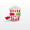 Personalized Smiled popcorn bucket character with 3D glasses and ticket. Paper glass full of popcorn. Eps10 vector illustration.