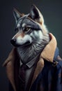The personification of animal features. A wolf dressed in stylish human clothes. Standing confidently and decisively. Royalty Free Stock Photo