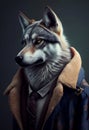 The personification of animal features. A wolf dressed in stylish human clothes. Standing confidently and decisively.