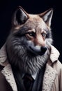 The personification of animal features. A wolf dressed in stylish human clothes. Standing confidently and decisively. Royalty Free Stock Photo