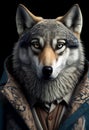 The personification of animal features. A wolf dressed in stylish human clothes. Standing confidently and decisively.